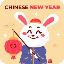 an illustration of a bunny holding a stick and a lantern with chinese new year written on the bottom