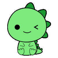 a cartoon drawing of a green dinosaur sitting down with a wink on its face .