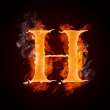 the letter h is surrounded by fire and smoke