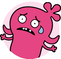 a pink cartoon character with a tear coming out of his eye