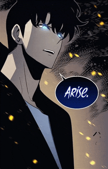 a man with blue eyes and a speech bubble saying arise