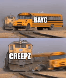 a yellow school bus that says bayc is next to a train that says creepz