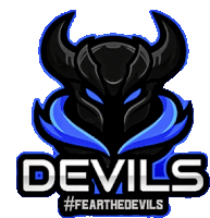 a logo for devils #fearthedevils with a black and blue bull