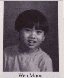 a black and white photo of a young boy named wen moon