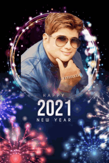 a happy new year poster with a picture of a man in sunglasses