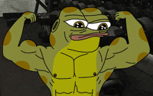 a cartoon frog is flexing his muscles in front of a gym