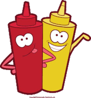 a red ketchup bottle and a yellow mustard bottle with smiley faces