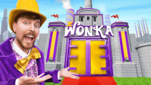 a man standing in front of a building that says wonka fe