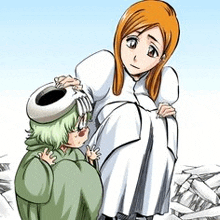 a woman is holding a child in her arms in a bleach anime .