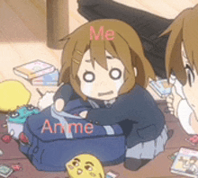 a cartoon girl is sitting on the floor next to a bag that says me anime .