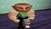 a cartoon character with a bald head and muscles is standing on a purple carpet in a room .