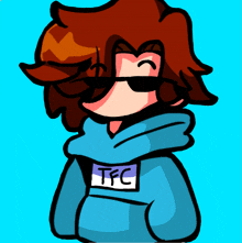 a drawing of a person wearing a blue hoodie with a tag that says tfc