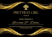 the prettiest girl award is presented to lorraine p. daluz