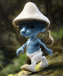 a smurf carrying a snail on his back