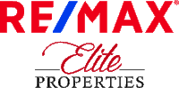 a red white and blue re/max elite properties logo on a white background