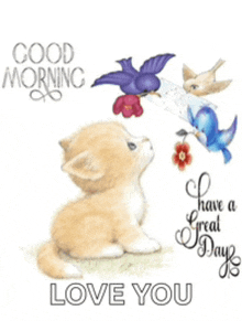 a good morning card with a kitten looking up at birds and flowers