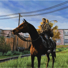 a man riding on the back of a brown horse in a video game