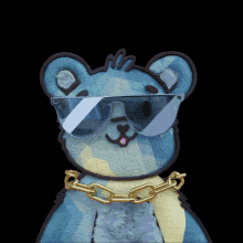 a teddy bear wearing sunglasses and a gold chain has a pink letter l above it