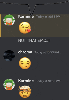 a screenshot of a conversation between karmine and chroma at 10:53 pm