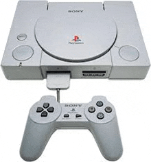 a sony playstation console and a sony playstation controller are shown on a white background .