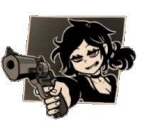 a cartoon girl is holding a gun in her hand and pointing it at the camera .