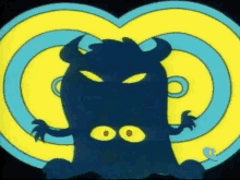 a cartoon monster with horns and big eyes is sitting in front of a heart shaped background .