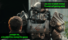 a man standing next to a robot that says fallout on it