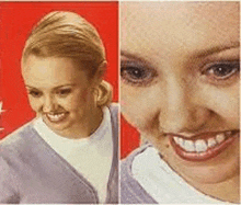 a close up of a woman 's face and a close up of a woman 's face with a red background .