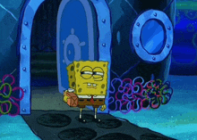 spongebob squarepants is standing in front of a door