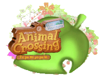 a logo for animal crossing new horizons with a green leaf