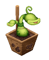 a cartoon plant in a wooden pot with holes in it