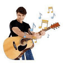 a young man is playing an acoustic guitar with musical notes coming out of it .