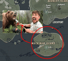 a map showing a man holding a knife next to a bear and the location of mackinaw island