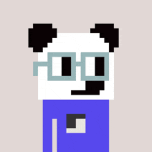 a pixel art panda bear wearing glasses and a blue shirt