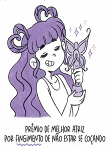 a cartoon drawing of a girl holding a butterfly trophy