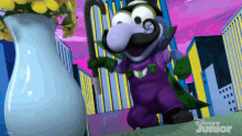 a cartoon character from disney junior is holding a cane in front of a vase of flowers