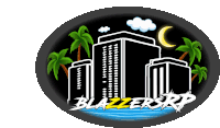 a logo for blazersrp shows a city with palm trees and a crescent moon