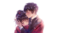 a boy is kissing a girl on the forehead while they are hugging