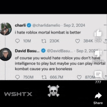 charli and david basu are talking about roblox mortal kombat .