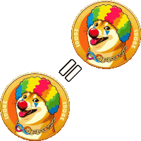 two idoge coins with a dog wearing a clown costume