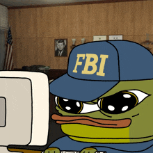 a cartoon frog wearing a fbi hat is looking at a computer screen