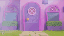 a cartoon character is running in front of a purple building