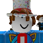 a roblox character wearing a top hat and a blue shirt with the letter o on it