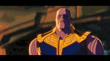 a close up of a cartoon character , thanos , from avengers : what if , looking at the camera .