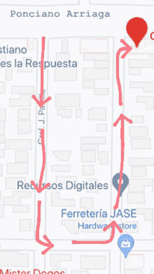 a map of ponciano arriaga with a red arrow pointing to ferreteria jase hardware store