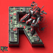 the letter r is made to look like a robot with a gun