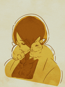 a drawing of a woman holding a rabbit on her shoulders