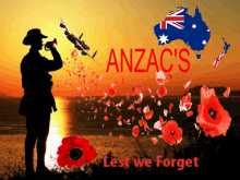 a poster for anzac 's lest we forget features a soldier blowing a trumpet