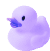 a purple rubber duck with a blue beak is floating in the water on a white background .