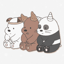 three bears sitting next to each other with one wearing a bandage on his head